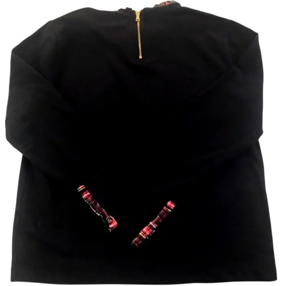 J. Crew Black Knit Top Red Plaid Collar Cuffs Size Medium - Picture 3 of 5